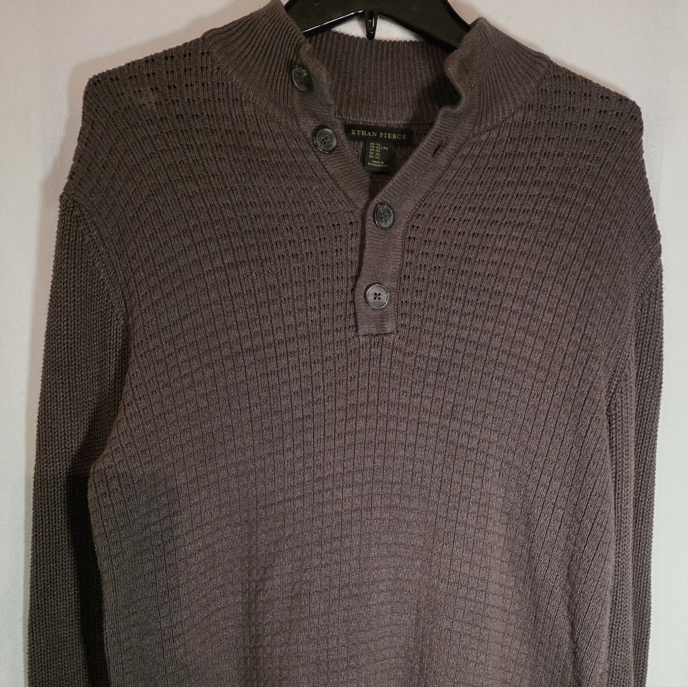 Ethan Pierce Knit Sweater Button Mock Neck Brown Mens XL